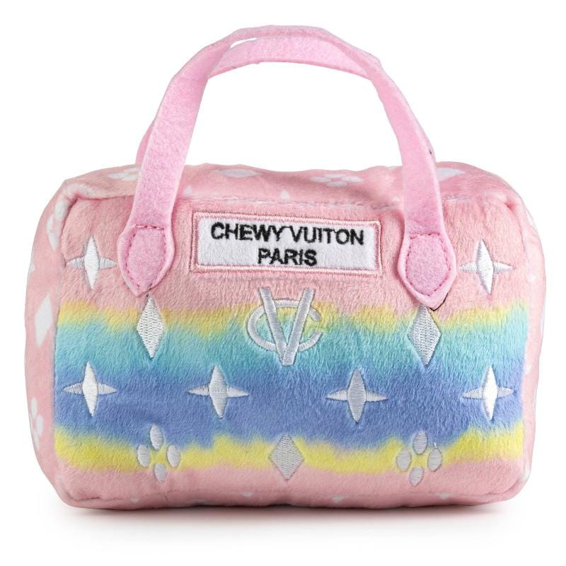 Plush squeaky dog handbag toy, pink-blue ombre with stars and CHEWYVUITON PARIS patch