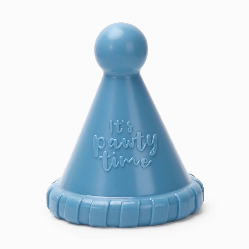 Blue party hat TPR rubber dog toy with embossed “It’s pawty time” text on back