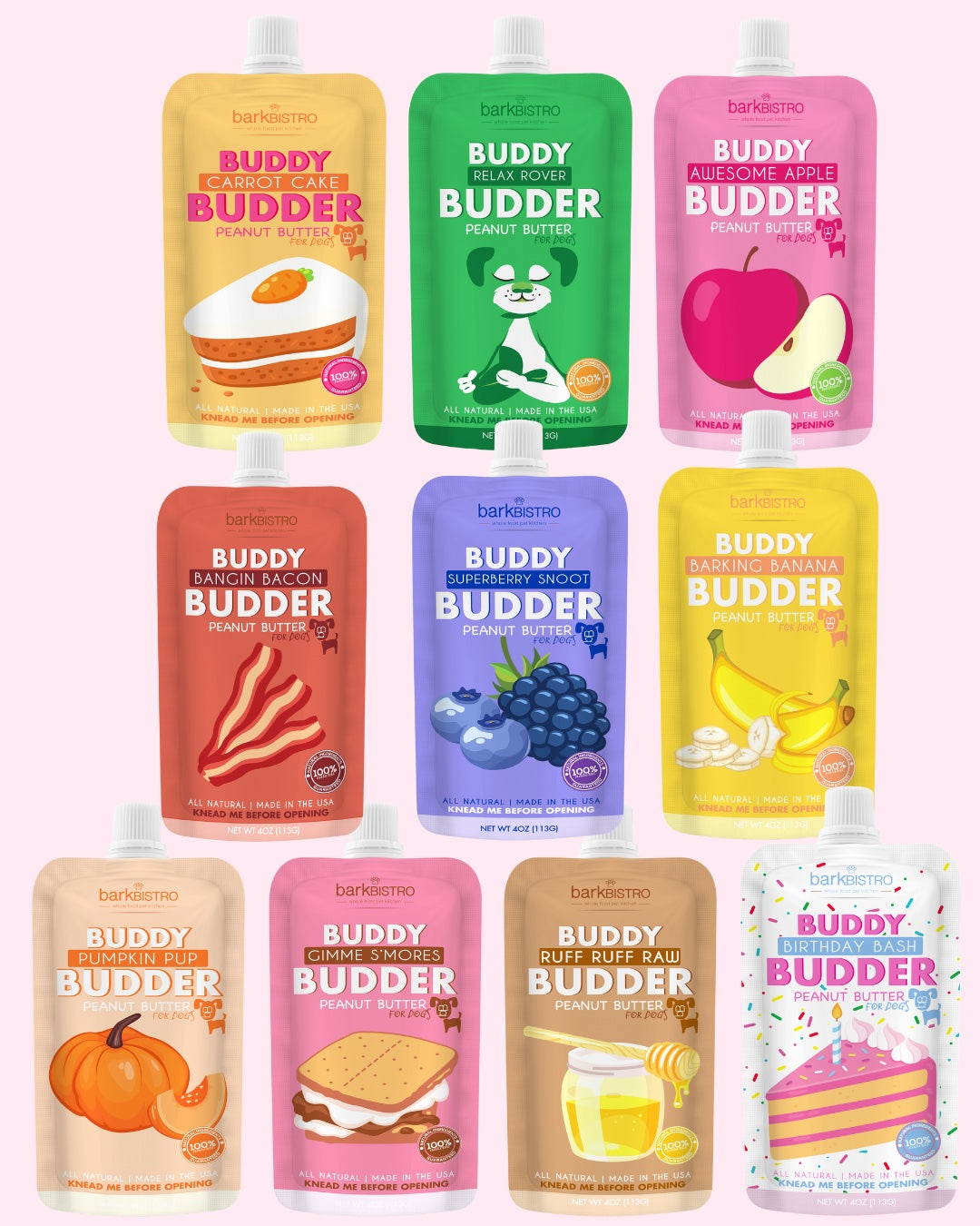 10 Pack Buddy Budder Squeeze Packs - 100% Natural Dog Peanut Butter