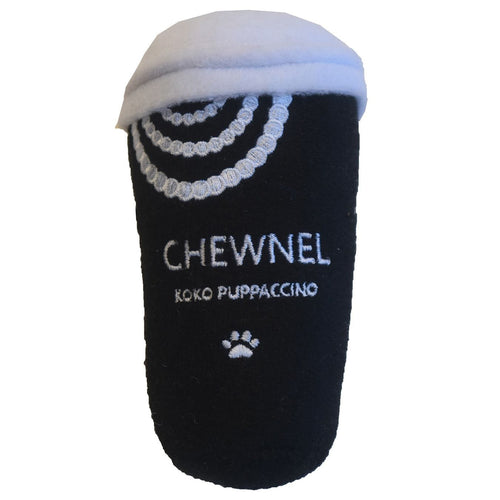 Black plush squeak dog toy shaped like a cup, with paw print and CHEWNEL text