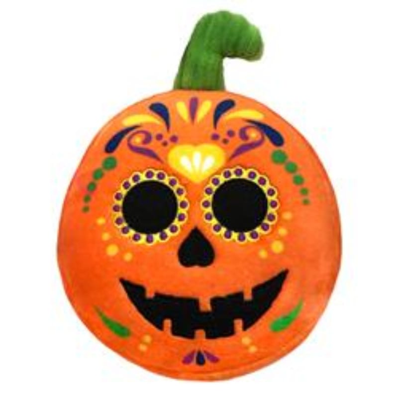 Orange pumpkin plush squeak dog toy with sugar skull face and green stem