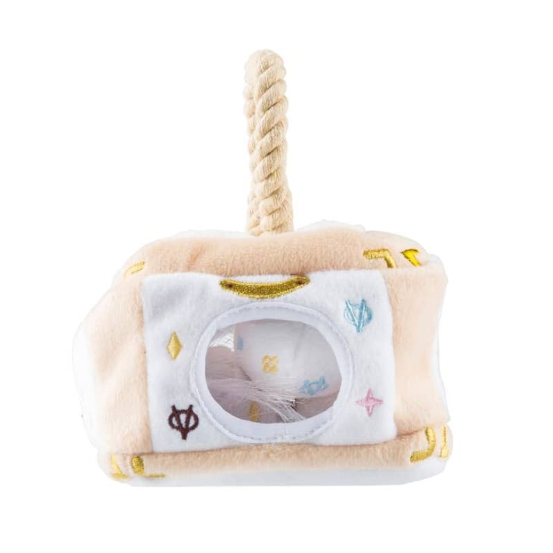 Cream and white plush dog activity house toy with rope handle and window cutout
