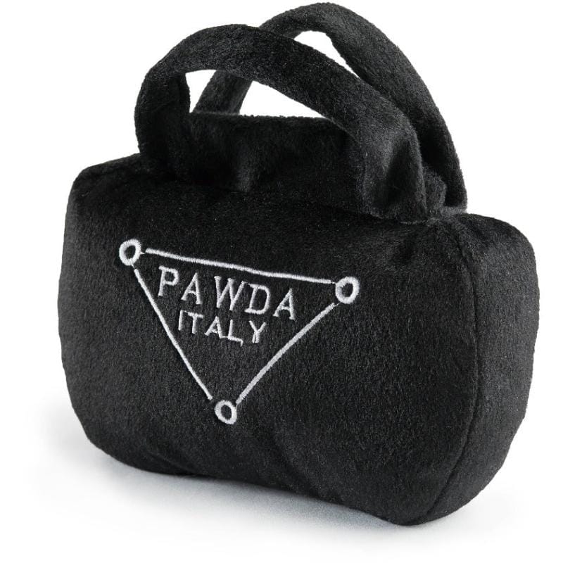 Black plush dog handbag toy with embroidered PAWDA ITALY logo and loop handle