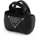 Black plush dog handbag toy with embroidered PAWDA ITALY logo and loop handle