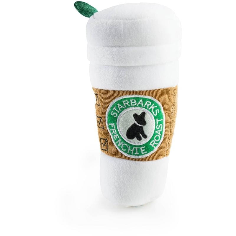 White plush coffee cup dog toy with green leaf topper and STARBARKS patch.