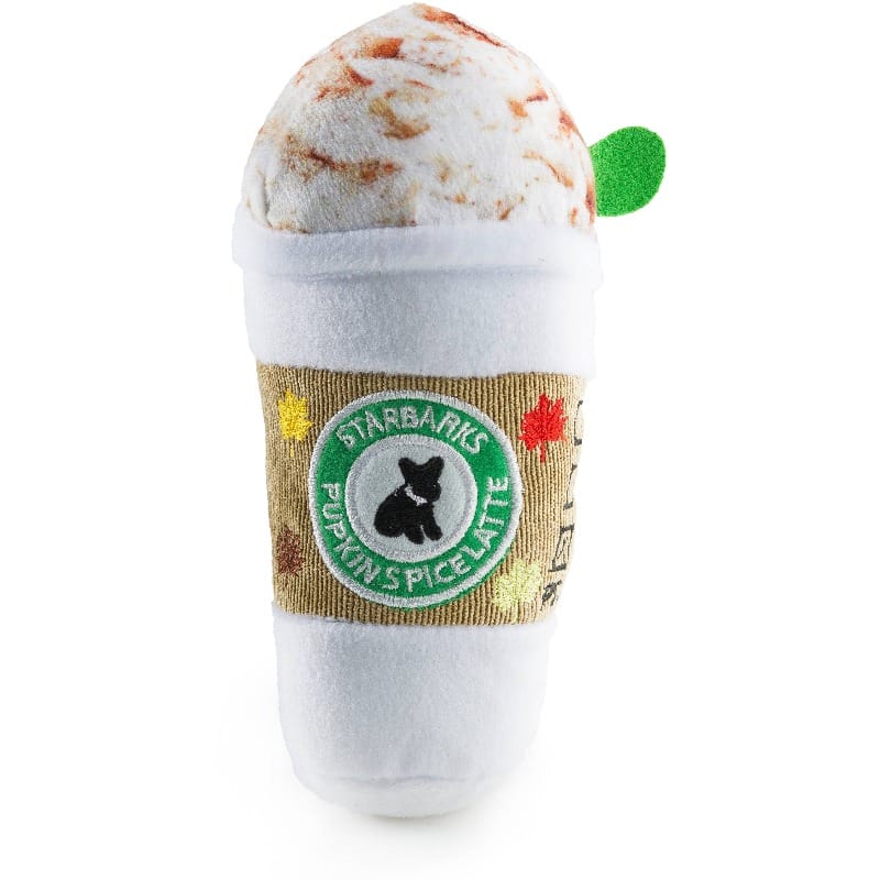 Plush cup-shaped dog toy with Starbarks embroidered logo, green sprout ears, cream