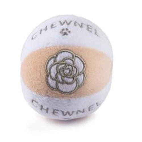 Plush squeak dog toy ball in blush and light lavender with Chewnel paw logo