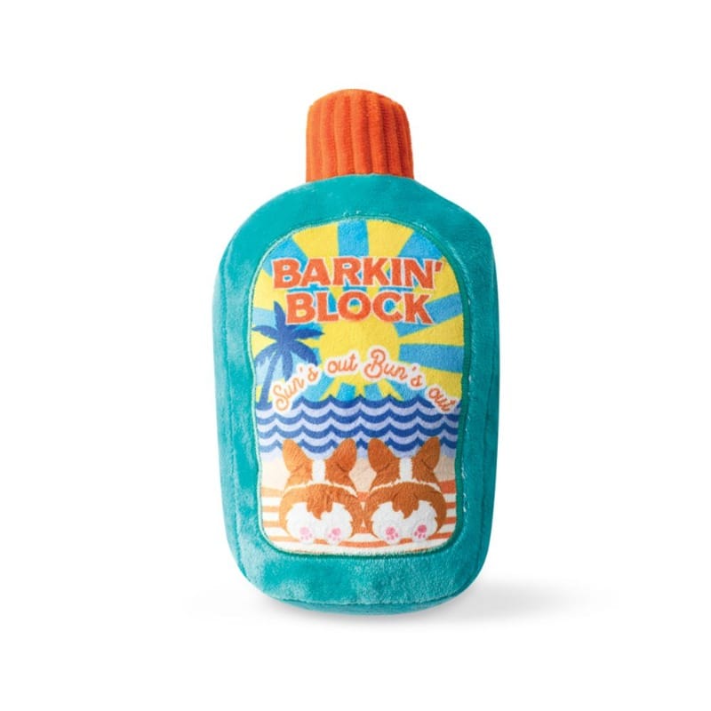 Turquoise plush squeak dog toy shaped like a bottle with orange cap and logo patch