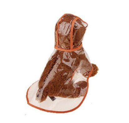 Transparent waterproof dog rain coat with hood, orange trim and paw openings