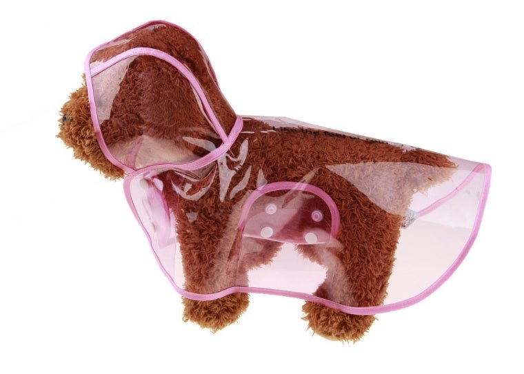 Transparent waterproof dog rain coat with hood, pink trim and leg openings