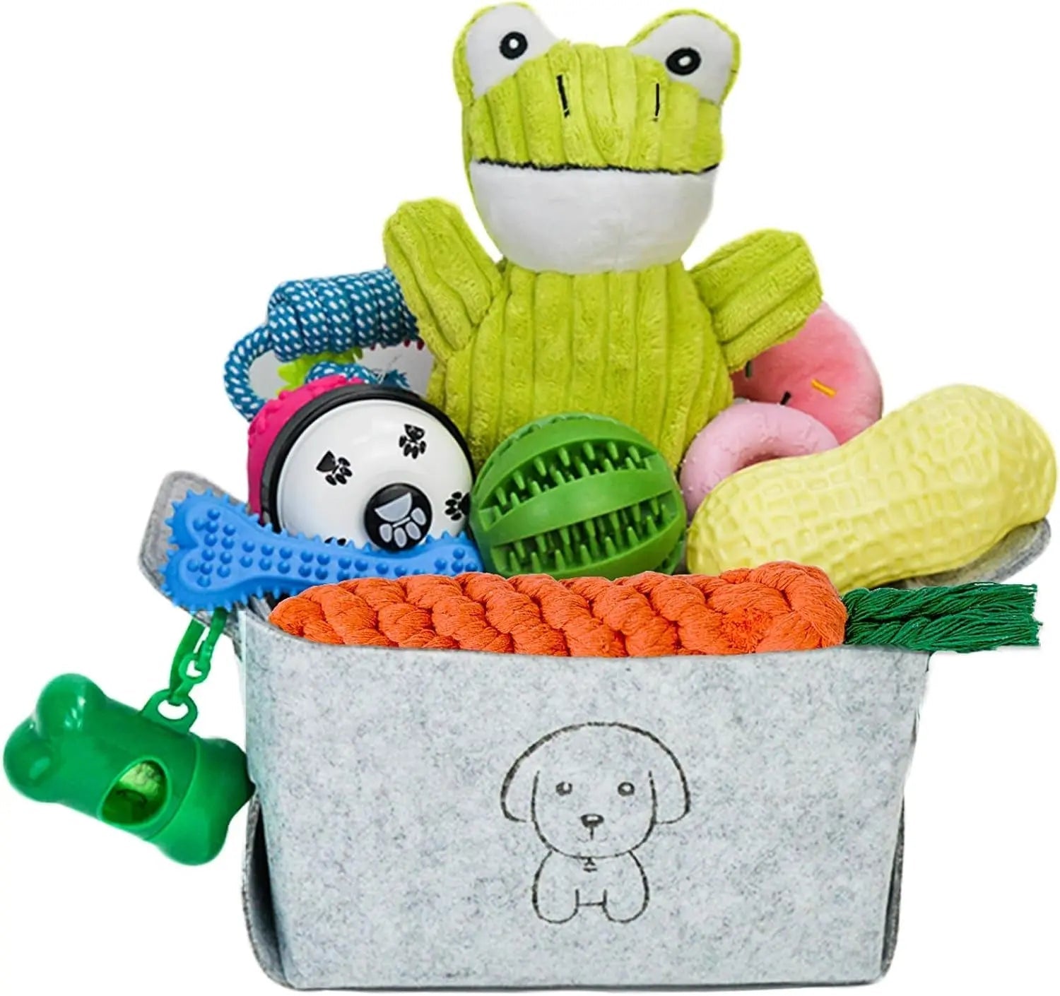 Felt dog toy basket with frog plush, rope chews, spiky rubber toys, and green bone teether