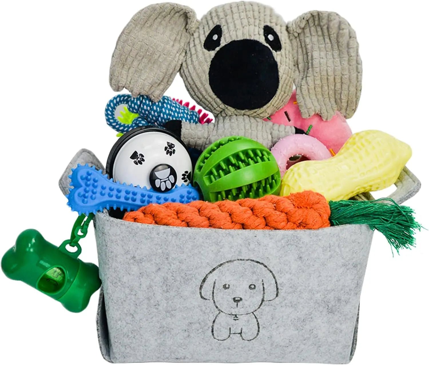 Felt dog toy basket with panda plush, rope chews, spiky rubber toys, and green bone teether