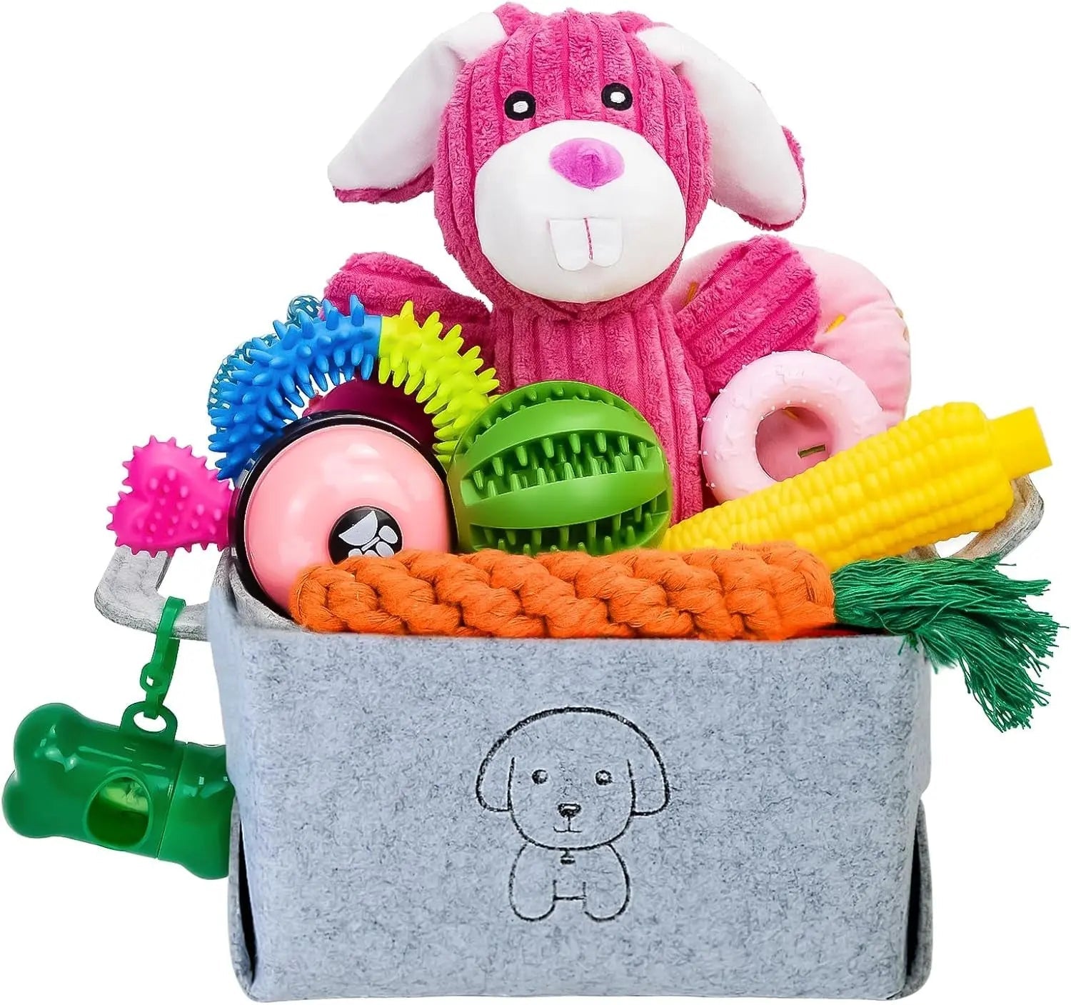 Felt dog toy basket with pink dog plush, rope chews, spiky rubber toys, and green bone teether