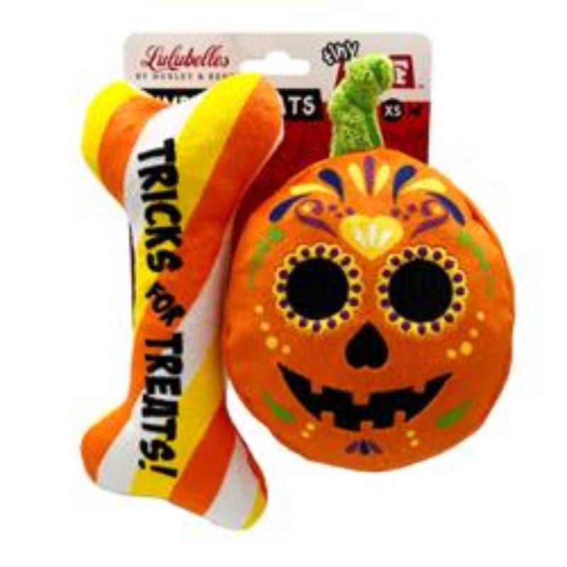 Two-piece Tiny Tuff dog toy set: orange jack-o’-lantern pumpkin plush and striped toy