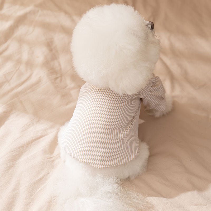 Light brown striped pet coat with bow collar, button front, and two-leg sleeves