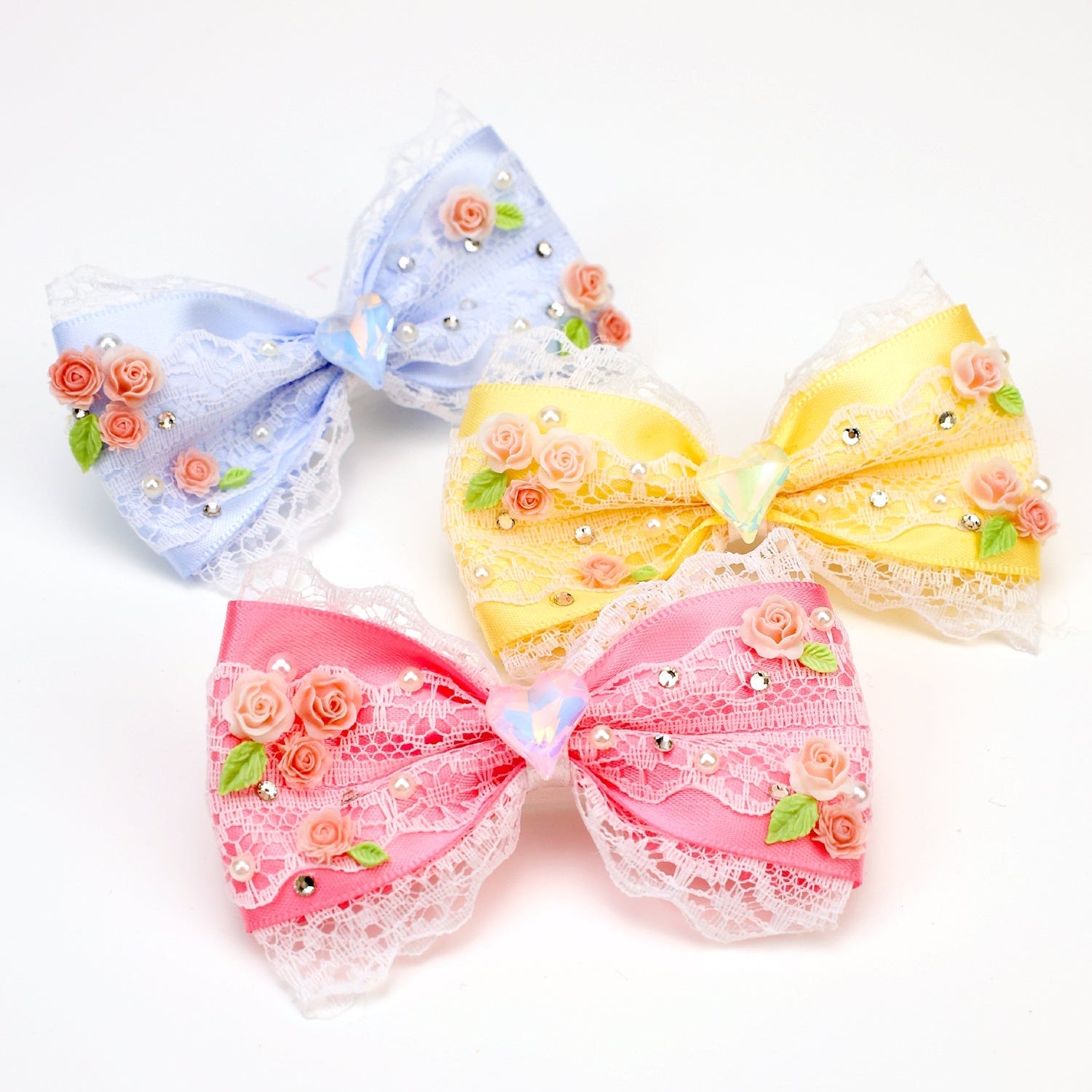 Pet Accessories Lace Floral Bow Hair Clip with Heart Crystal headwear