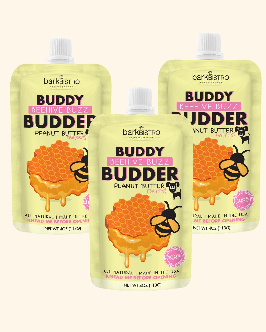 Beehive Buzz Buddy Budder Bundle (Trio 4oz Squeeze Packs) - 100% all natural dog peanut butter, Made in USA