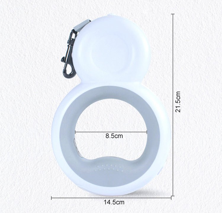 Snowman-style white retractable dog leash with clip, shown with size measurements