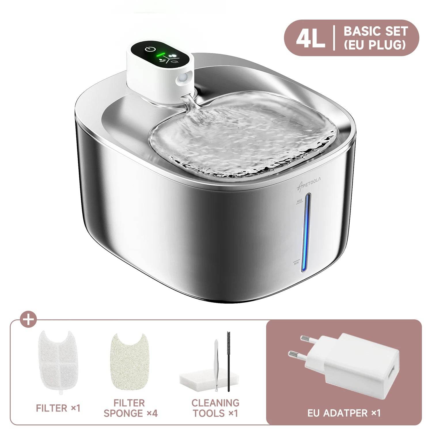 Stainless steel auto pet water fountain with EU plug set and blue indicator strip