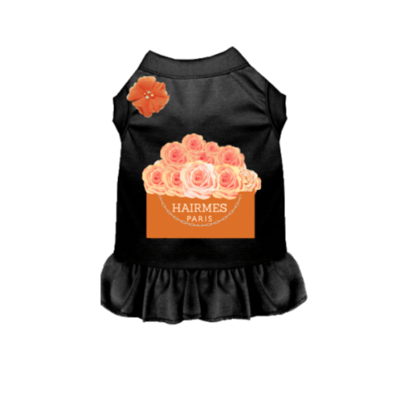 Black dog dress with orange and pink flower graphic, flared ruffle hem