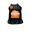 Black dog dress with orange and pink flower graphic, flared ruffle hem
