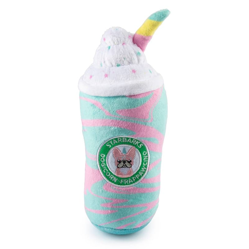 Unicorn-horn plush dog drink toy in teal and pink stripes with embroidered logo badge