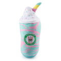 Unicorn-horn plush dog drink toy in teal and pink stripes with embroidered logo badge