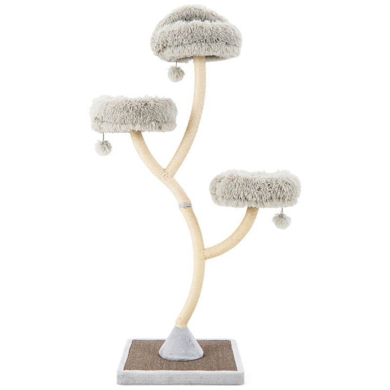 Gray cat tree tower stand with three fuzzy round perches on sisal-wrapped curved posts