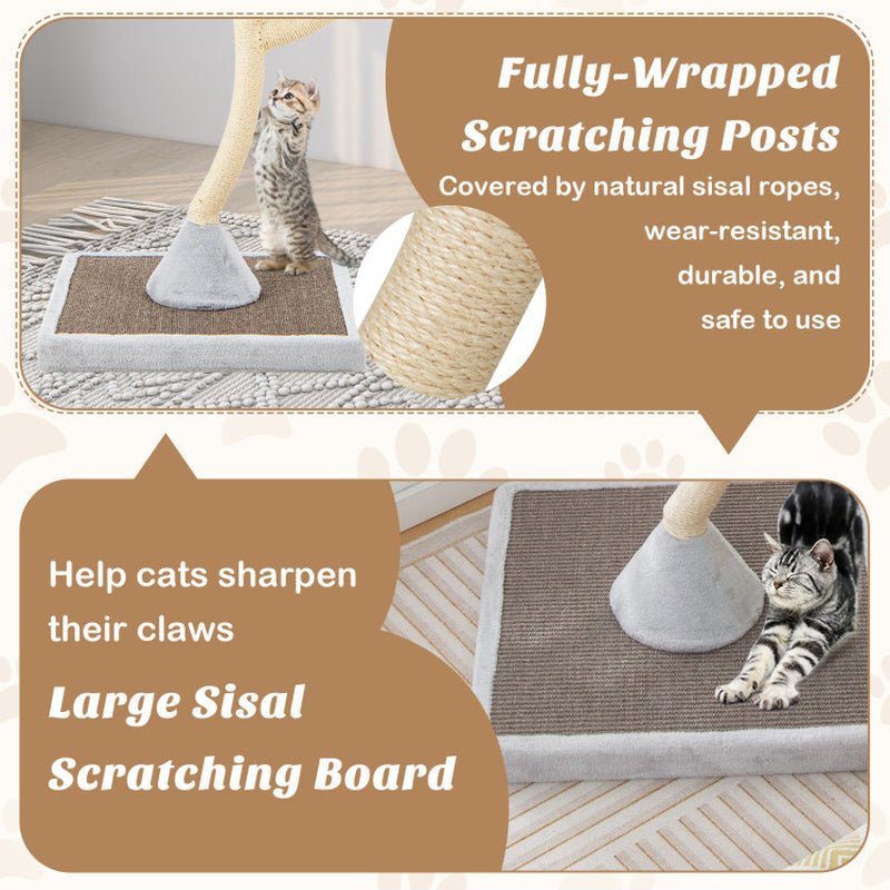 Gray cat tree with fully wrapped sisal scratching posts and gray base platform