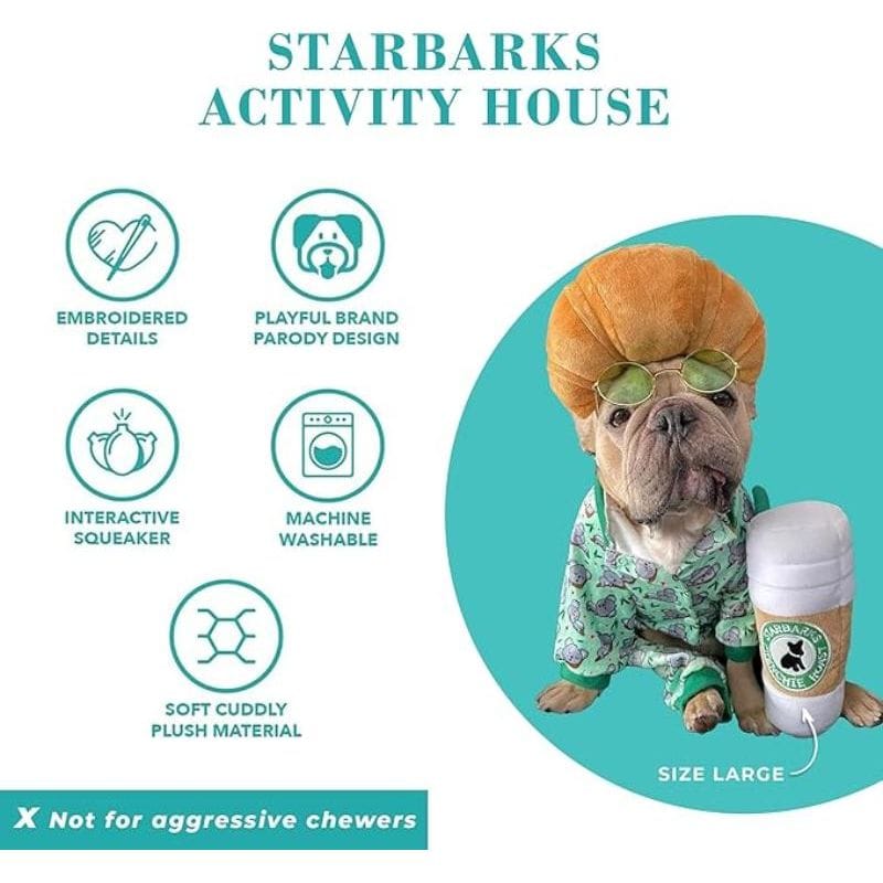 Large white plush coffee cup dog toy with green leaf cap and STARBARKS logo.