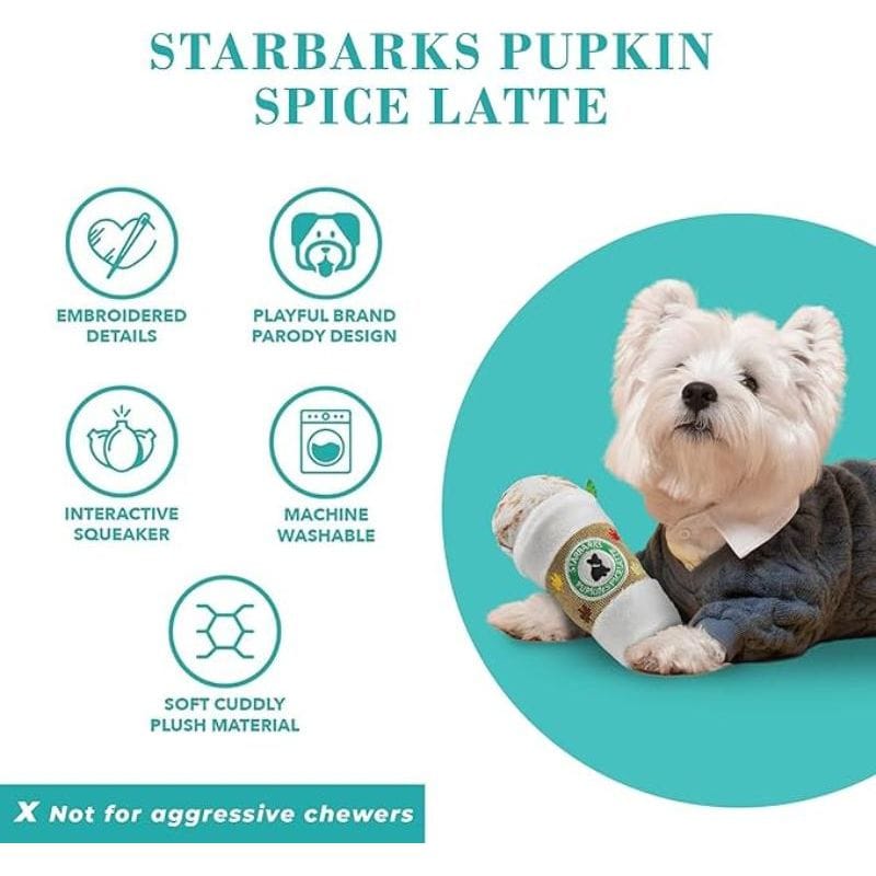 Plush dog toy promo graphic showing Starbarks embroidered logo and illustrated care features