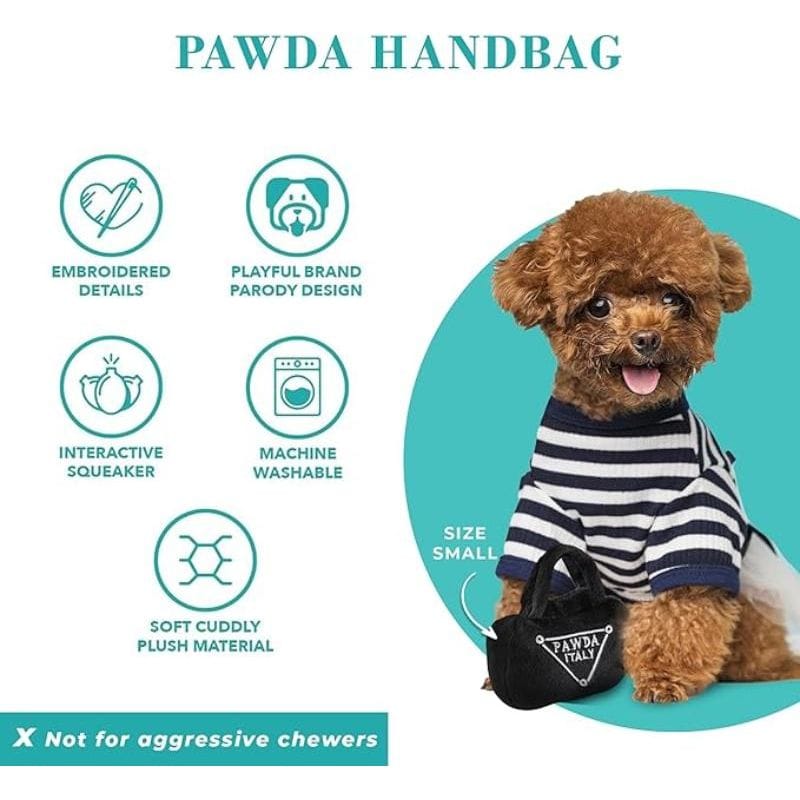 Pawda black plush dog handbag toy with embroidered details and interactive squeaker icons