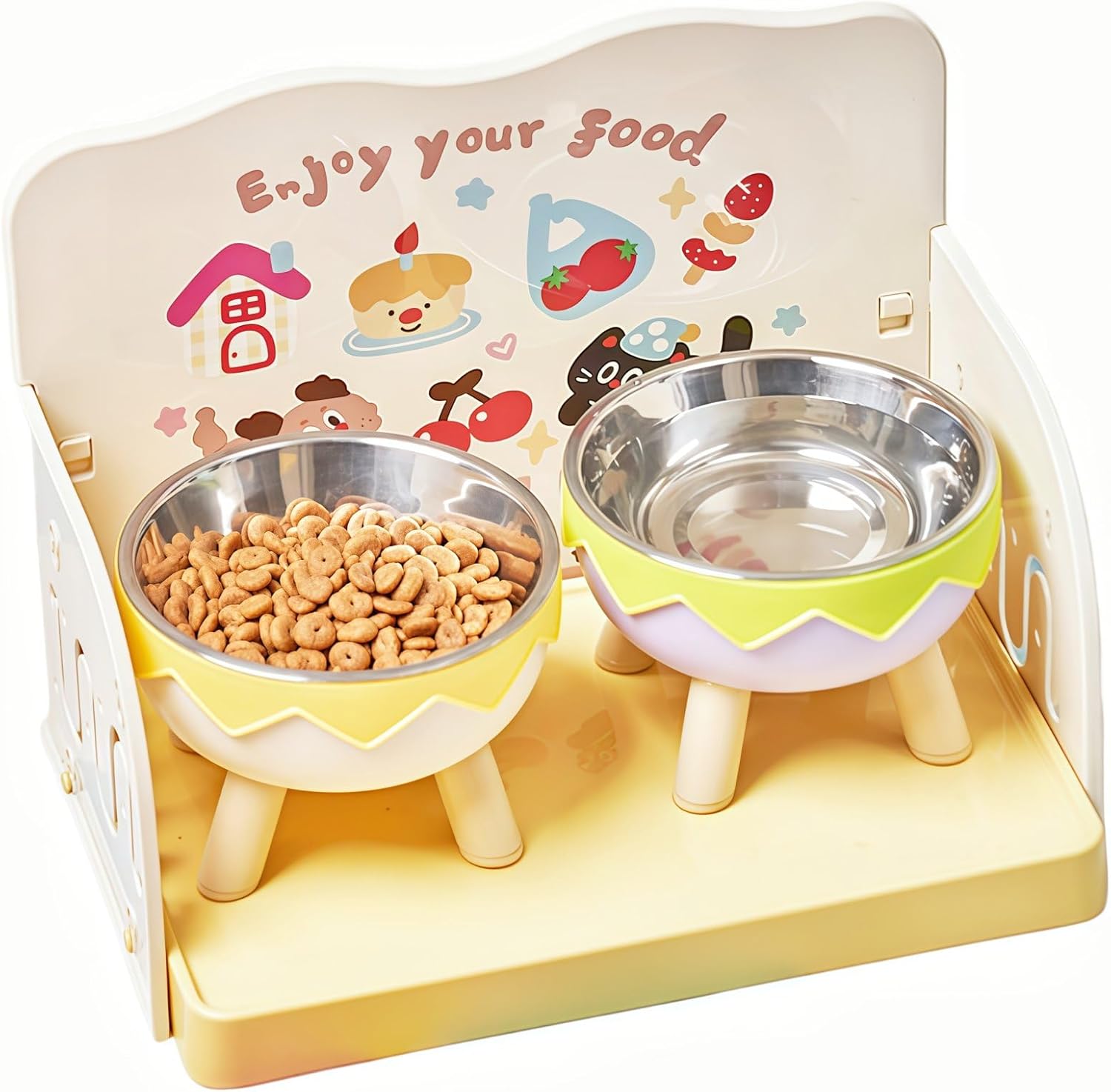 Yellow pet feeding tray with splash guard, two metal bowls, and raised legs
