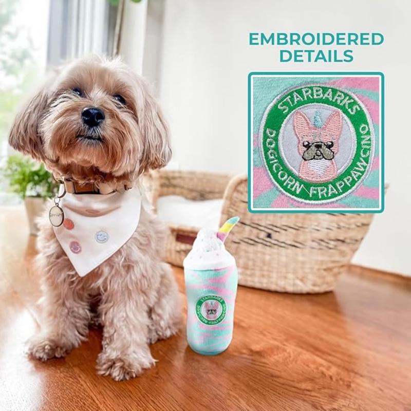 Teal and pink striped unicorn-horn plush dog drink toy with embroidered logo detail