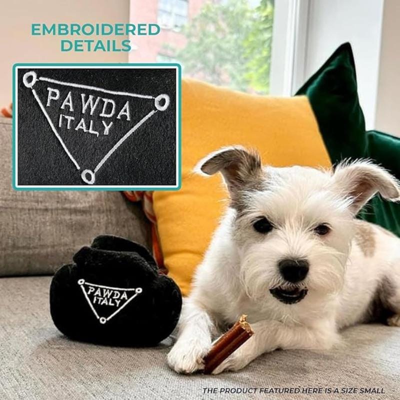 Black plush dog handbag toy with PAWDA ITALY embroidered triangular logo, small size