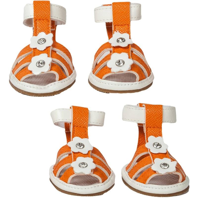 Orange PVC waterproof dog sandal shoes with buckle straps, set of 4