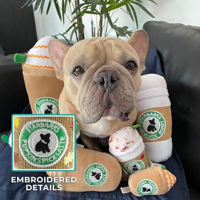 Plush Starbarks dog toy held by a tan French bulldog, with green embroidered logo patch