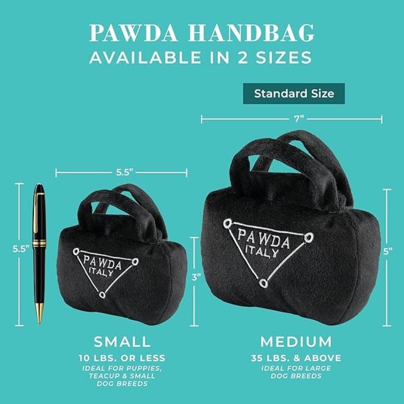 Black plush dog handbag toy available in small and medium sizes, PAWDA ITALY logo