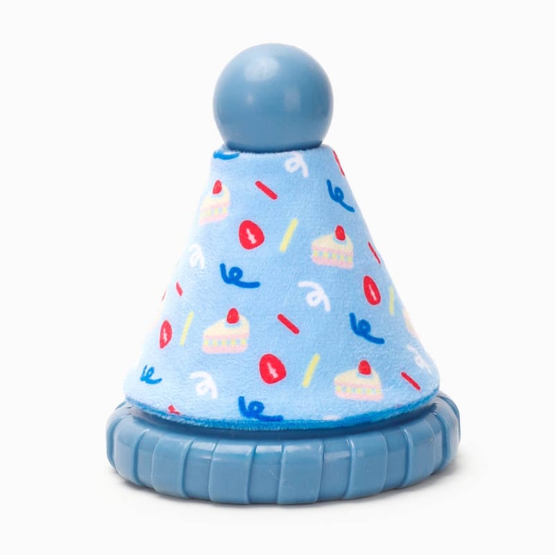 Blue party hat TPR rubber dog toy with patterned cone and round top ball