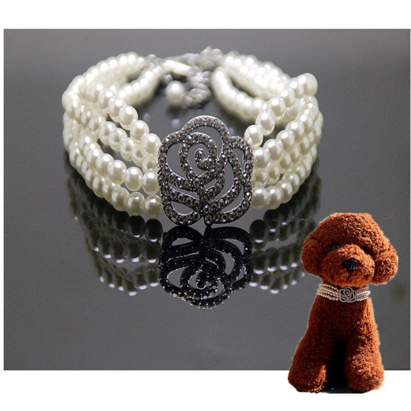 Luxury Pearl Pet Necklace with Crystal Floral Charm