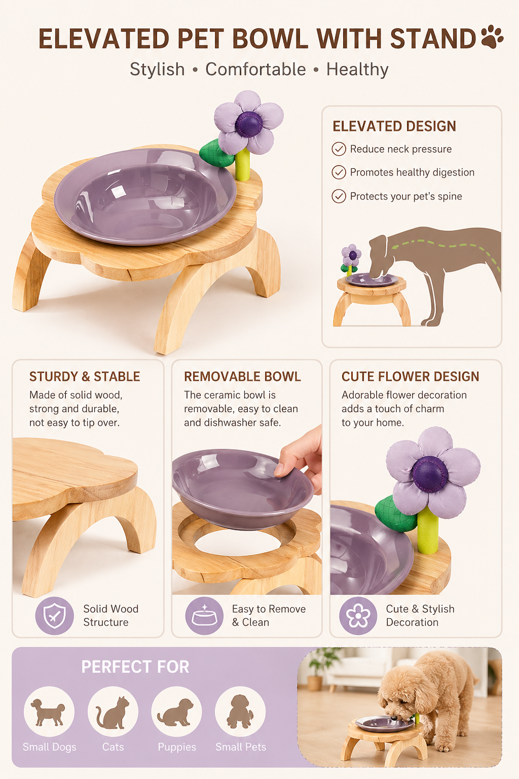 Elevated Ceramic Dog Bowl with Stand Wooden Raised Pet Feeder Anti-Spill Cat Dog Bowl for Small Dogs Neck Protection Feeding Stand