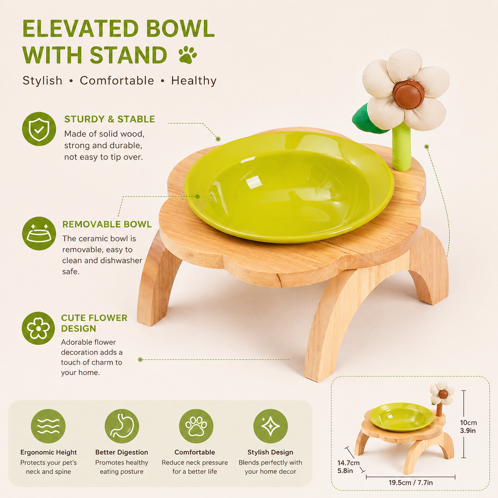 Elevated Ceramic Dog Bowl with Stand Wooden Raised Pet Feeder Anti-Spill Cat Dog Bowl for Small Dogs Neck Protection Feeding Stand