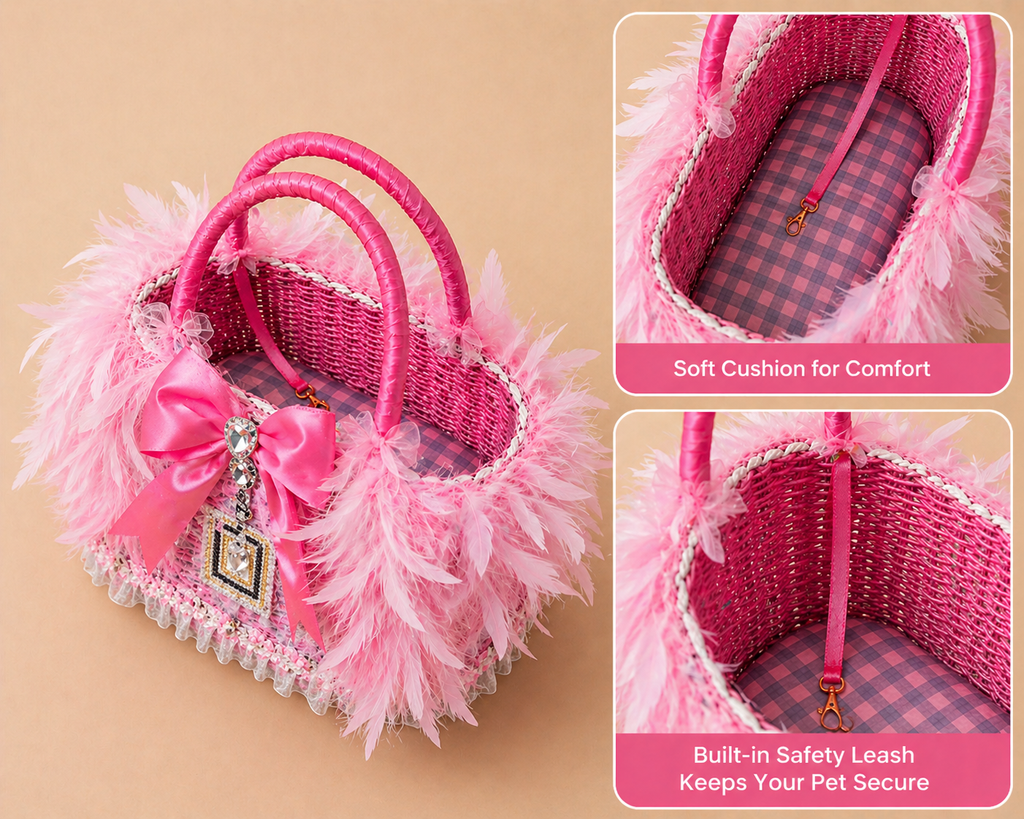 Luxury Pink Feather Pet Carrier Bag with Bow & Crystal Charm – Designer Dog Tote for Small Dogs Cats