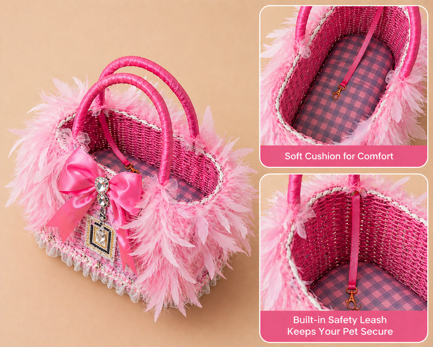Luxury Pink Feather Pet Carrier Bag with Bow & Crystal Charm – Designer Dog Tote for Small Dogs Cats