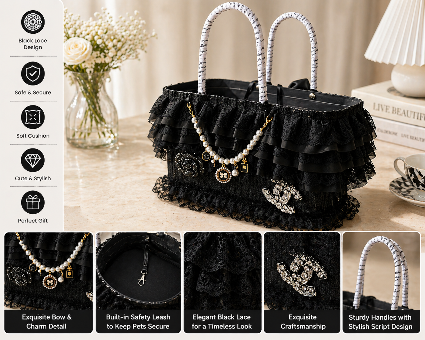 Luxury Black Lace Dog Carrier Bag with Pearl Charm – Elegant Small Dog Tote Bag with Safety Leash
