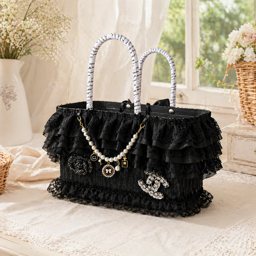 Luxury Black Lace Dog Carrier Bag with Pearl Charm – Elegant Small Dog Tote Bag with Safety Leash