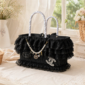 Luxury Black Lace Dog Carrier Bag with Pearl Charm – Elegant Small Dog Tote Bag with Safety Leash