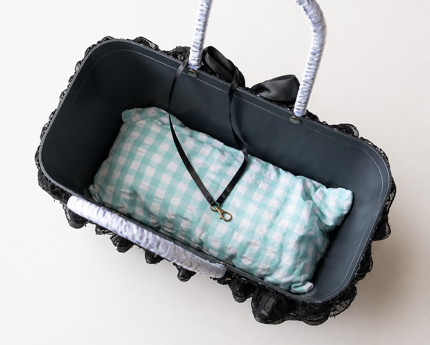 Luxury Black Lace Dog Carrier Bag with Pearl Charm – Elegant Small Dog Tote Bag with Safety Leash