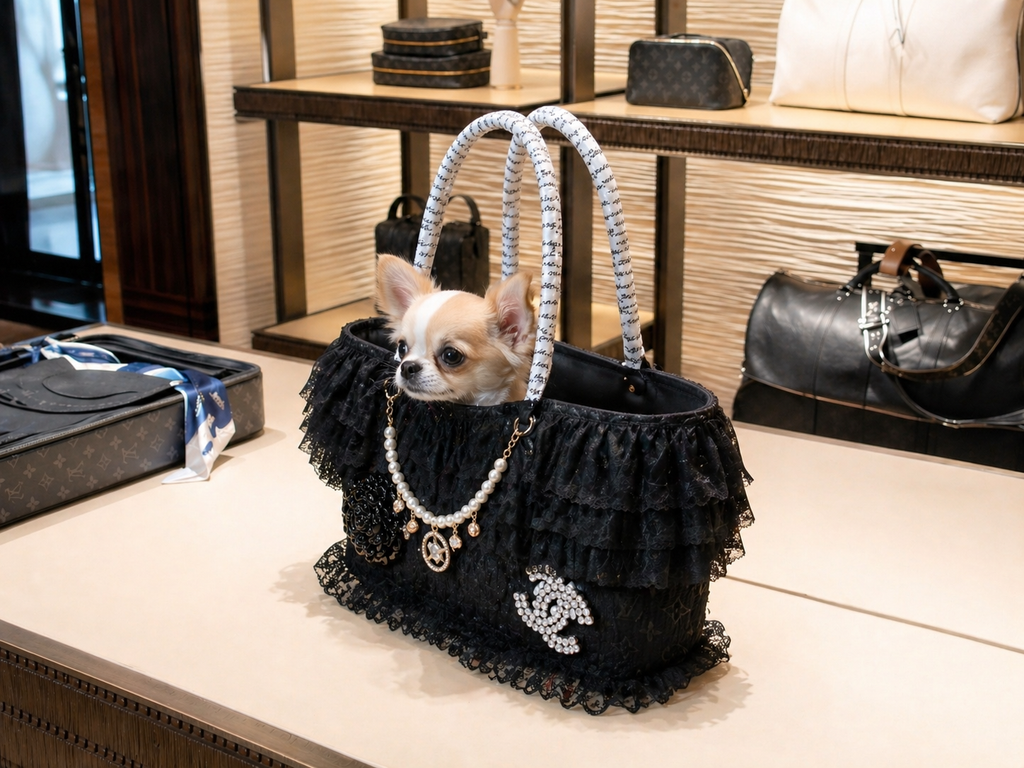 Luxury Black Lace Dog Carrier Bag with Pearl Charm – Elegant Small Dog Tote Bag with Safety Leash