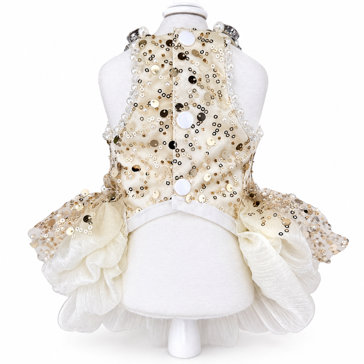 Gold Sequin Dog Wedding Dress with Pearl Detail